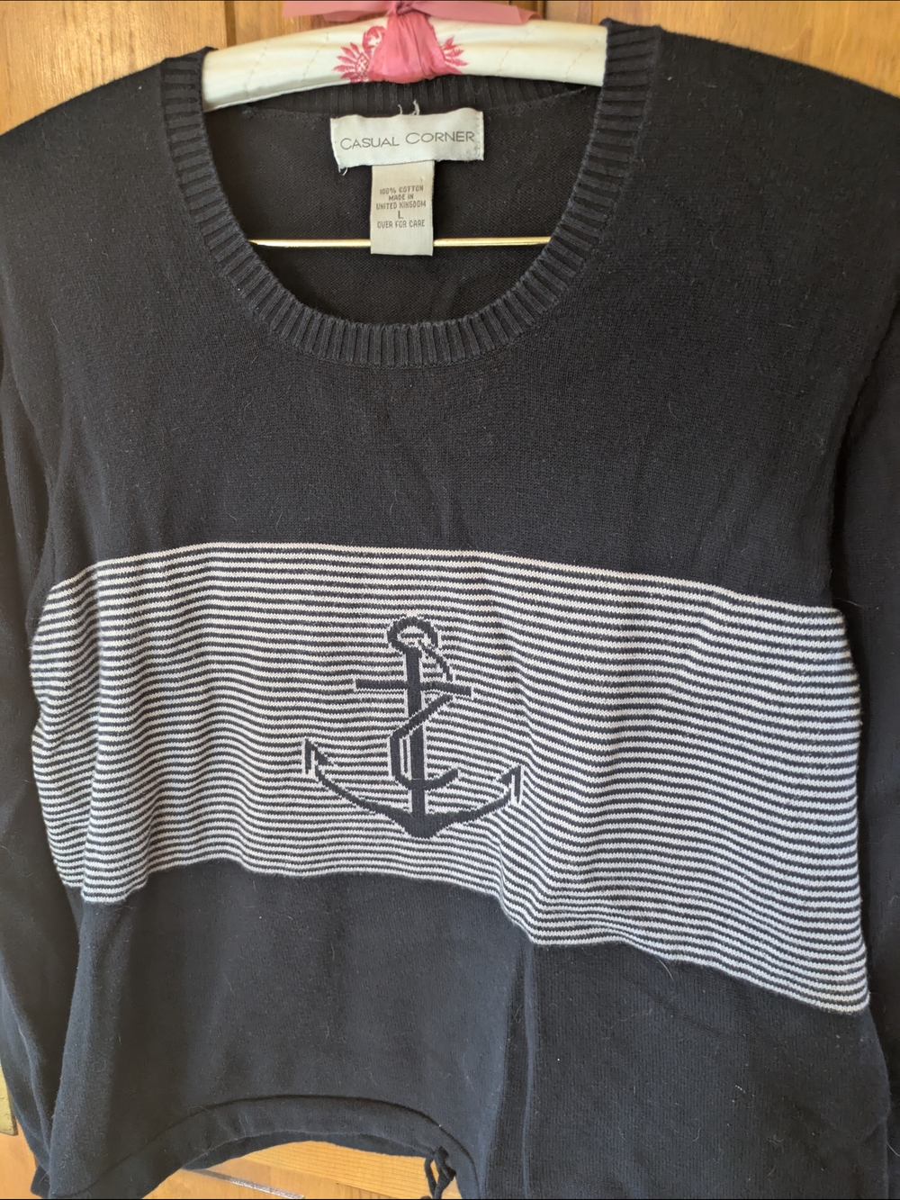 Casual Corner Black and White Anchor Stripe Crewneck Sweater